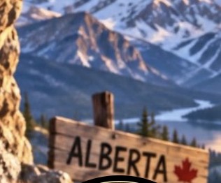 A wooden sign reading Alberta with a red maple leaf, in front of mountains and a lake