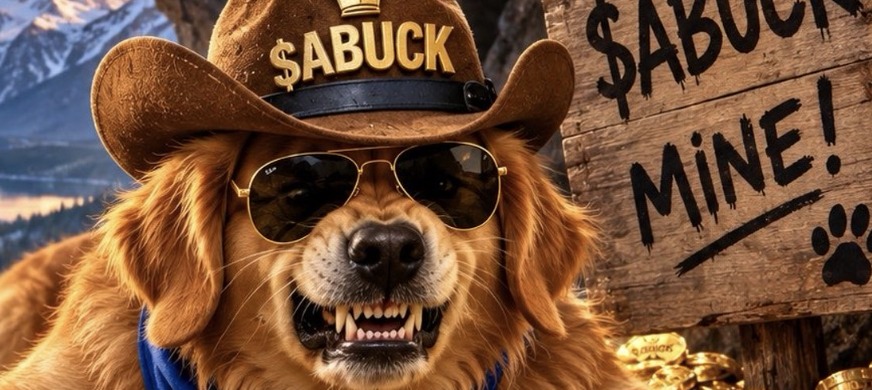 The Superbuck: a golden retriever in a cowboy hat and aviator sunglasses, baring his teeth beside a wooden sign spray-painted with $ABUCK MINE!